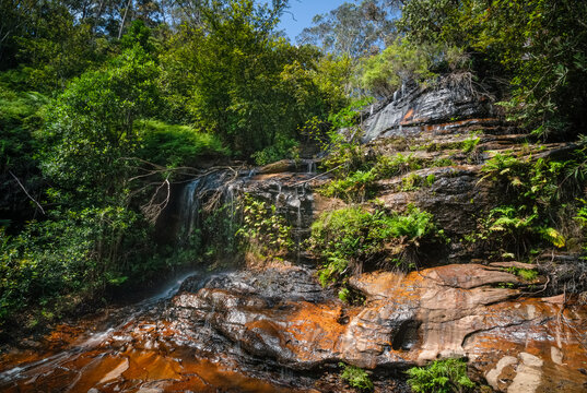Close-up of North Cascade Fall at South Lawson waterfalls circular waking track in Blue Mountains National Park, NSW, Australia.