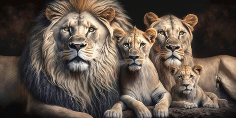 Close up of a lion family. Generative AI - obrazy, fototapety, plakaty