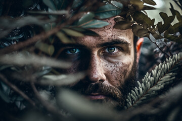 In the wilderness, portrait of a caucasian man looking ahead between the trees, in the forest, adventure, stealthy, mysterious, generative ai

