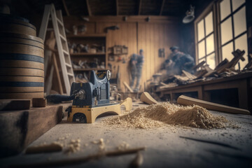 Fototapeta na wymiar Carpentry background, tools over a wooden table, generative ai