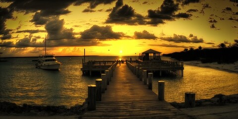 Fototapeta premium A golden sunset was captured at The Bluff's public dock in Eleuthera. Generative AI