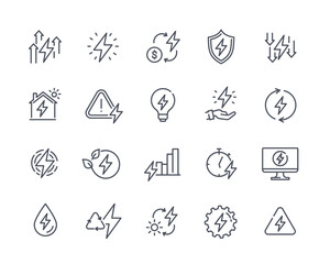 Set of linear icons related to energy. Stickers with alternative electricity sources, lightning bolts and light bulb with electric power. Cartoon flat vector collection isolated on white background