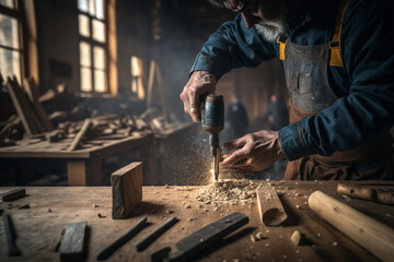 Carpentry background, carpenter works, tools over a wooden table, generative ai