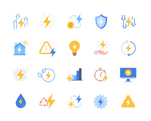 Set of colorful icons related to energy. Stickers with light bulb, electricity cost, solar energy and recycling. Design elements for site. Cartoon flat vector collection isolated on white background