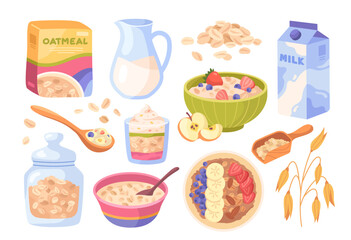 Set Oatmeal Breakfast. Stickers with porridge with fruits and berries, jar of granola and oat flakes with milk, Healthy food or diet. Cartoon flat vector collection isolated on white background
