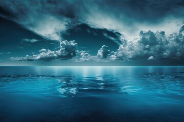 cloudy blue sky fading to the horizon above a blue ocean's surface. Generative AI