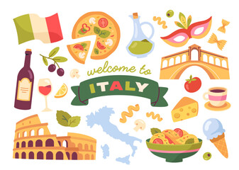 Welcome to Italy sticker set. Badges of traditional Italian culture. Pizza, olive oil, gelato, wine, colosseum, pasta. Travel and tourism. Cartoon flat vector collection isolated on white background