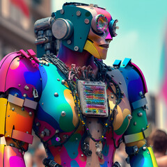 A flamboyant LGBT robot at Pride parade, made with AI