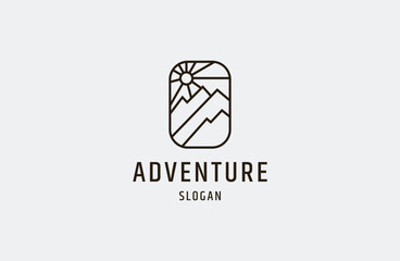 Mountain, Sun for Adventure Outdoor Traveling Label Stamp logo design