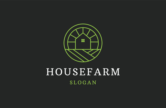 Farm House concept logo. Template with farm landscape. Labels for natural agricultural products.