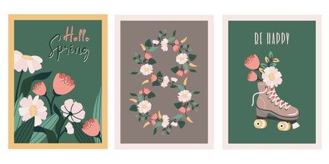 Set of Women's day greeting card. Retro Roller skate with bouquet of wildflowers, text, spring background, floral pattern. Vector flat Hand drawn illustration for March 8, birthday, Mother's day.