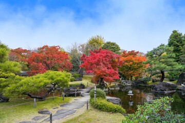 日本庭園のちょうど見頃のカラフルな紅葉情景＠兵庫