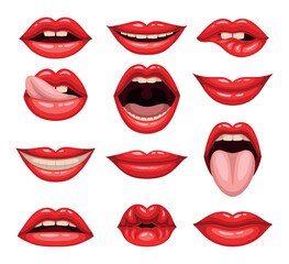 Red lips set. Colorful icons of sexy female lips in lipstick or gloss. Kiss, smile, talk, lip bite. Expression of various emotions. Cartoon flat vector collection isolated on white background