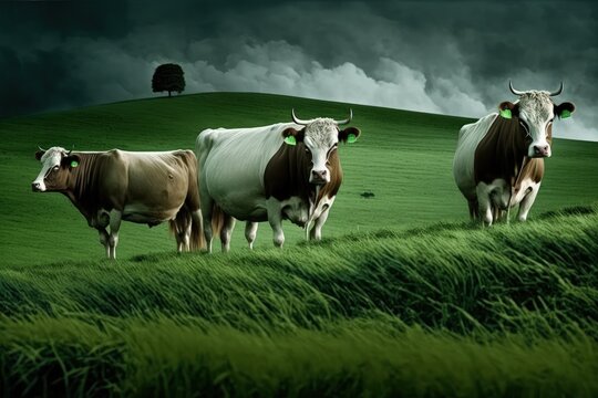 Cows on a green field. Generative AI