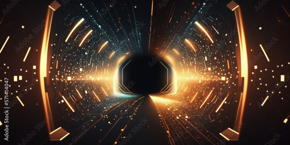 Poster background of an abstract tunnel network of digital lighting particles. computer big data concept an