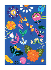 Beautiful bright spring poster. Blue poster or pattern with blooming flowers, chrysanthemums, field wild plants and organic leaves. Cartoon flat vector illustration isolated on white background