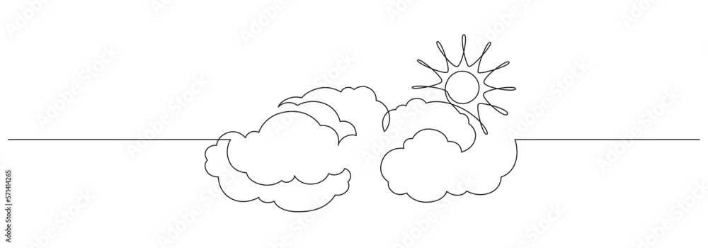 Aufkleber one continuous line drawing of clouds with sun in the sky. weather symbol and storage concept in sim