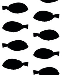 Vector seamless pattern of hand drawn tropical fish silhouette isolated on white background
