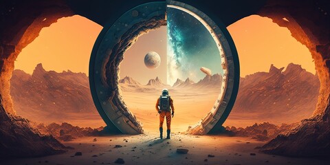 Space and time travel. A time traveler walks through a portal connecting two universes. A futuristic planet's scenery. Sci fi. colonization of new planets and creation of new worlds. Astronaut