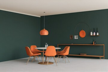 Spring Cafe Dining Table Set Up with Orange Accent Chairs and Sustainable Minimal Decor Made with Generative AI