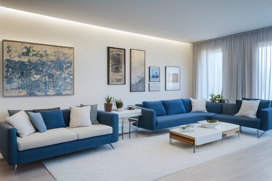 Spring Luxury Blue Modern Living Interior with Wall Art Made with Generative AI