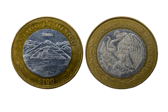 Moneda de 100 pesos en el reverso la imagen de Teotihuacán del estado de México y en el Anverso el escudo Nacional 2006