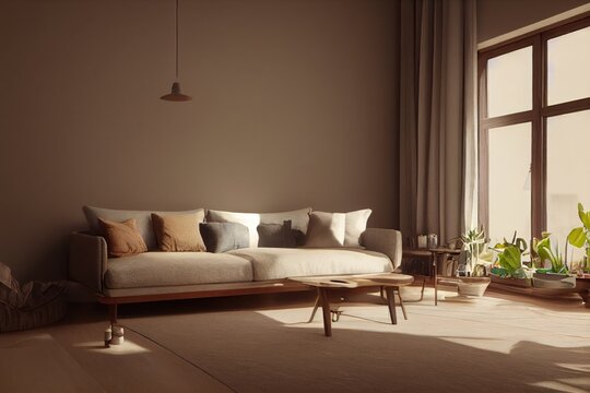 Sustainable Beige Earth Tone Living Room Interior with Wooden Furniture Made with Generative AI © Bryan