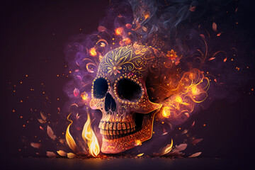 fiery mexican skull on purple background. ai generated