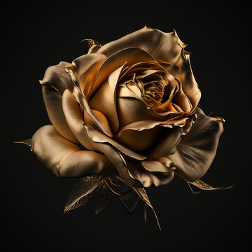 golden rose on a black background. precious flower. golden item. ai generated