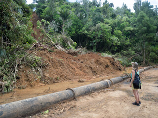A large landslide due to heavy rainfall has destroyed large trees.It is observed by a lady hiker.Top left a house on edge can be seen.A water pipe runs along the track named Exhibition Drive.