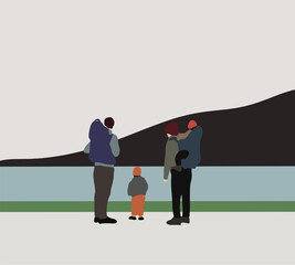 Gay Male Couple With Children hiking on mountain and standing near lake during their summer vacation. LGBTQ lovers traveling. Family concept.