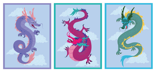 Set of various cards with Dragons. Posters with traditional symbols of Chinese culture. Covers with mythological creatures. Design elements with zodiac signs for tattoo. Cartoon flat vector collection