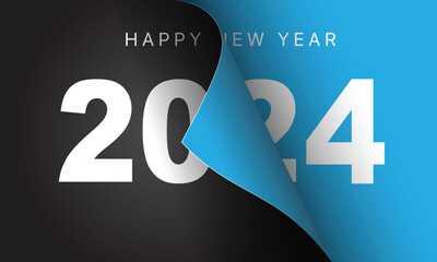Happy New Year 2024 winter holiday greeting card design template. End of 2023 and beginning of 2024. The concept of the beginning of the New Year. The calendar page turns over and the new year begins.