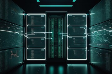 image of a server room processing financial data Conceptual graphic representing global business, finance, and digital interface. Generative AI