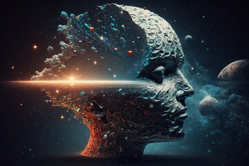 Cosmic mind Surrealistic sculpture of a universe inside the human head, AI Generative 