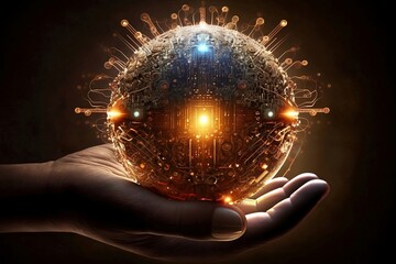 A human hand holding a technological light ball, AI Generative