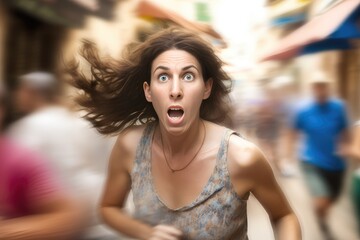 Scared woman running away in panic. Generative AI