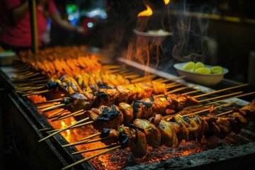 Delicious tasty skewers of chicken cook over hot coals in Singapore's Satay Street food market. Generative AI - obrazy, fototapety, plakaty