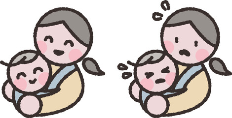 赤ちゃんを抱っこ紐で抱っこするお母さんイラスト素材