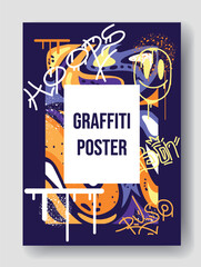 Abstract graffiti poster. Modern youth art banner with cool lettering, scribbles and splashes. Street wall art from spray bottle. Cartoon flat vector illustration isolated on gray background