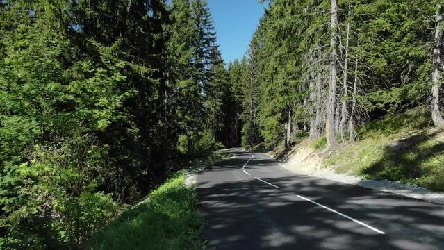Drone flying low over asphalted road crossing coniferous forest, Col de la Loze in France. Aerial view