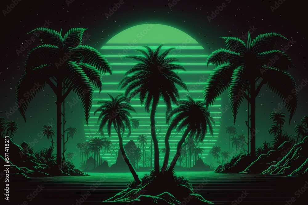 Poster tropical trees surround a glowing green screen. illustration in the synthwave aesthetic. compose in 
