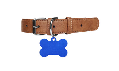Brown leather dog collar with bone shaped tag isolated on white