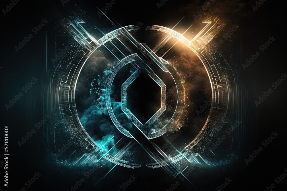 Poster hologram of an abstract virtual ai sign over a metallic, hazy background. multiexposure. generative 