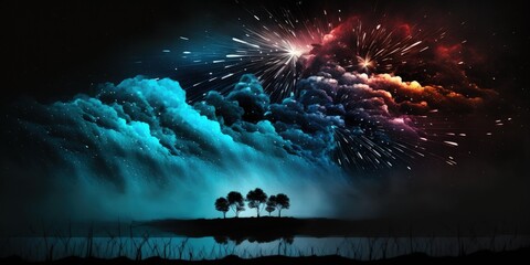 Black sky with blue and colorful fireworks in the foreground. Generative AI