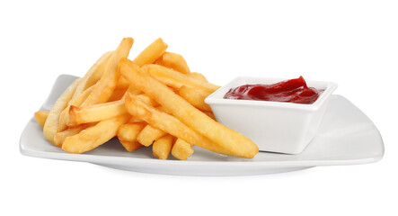 Tasty French fries and ketchup on white background