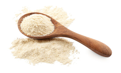 Wooden spoon with quinoa flour on white background