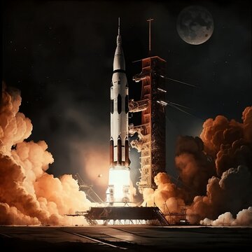 Ultra-realistic image of the Saturn V rocket taking off at night 