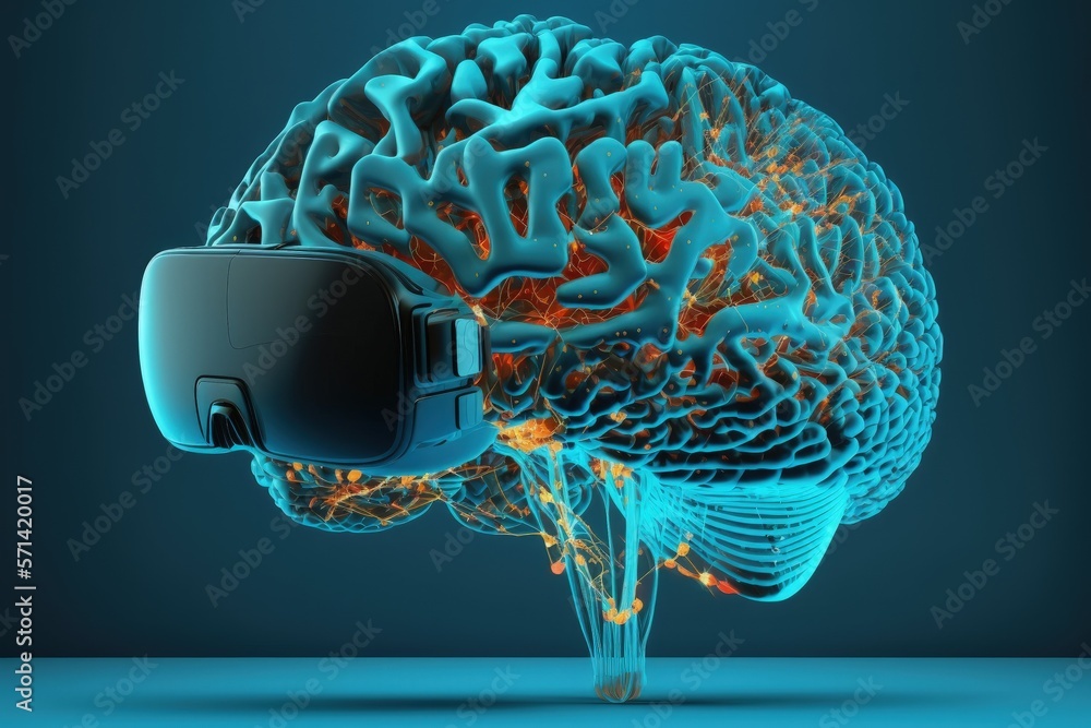 Aufkleber virtual reality with a brain, artificial intelligence in virtual reality on a blue background. conce