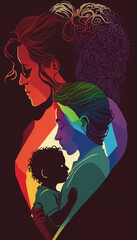 Ai generated. Single mother with her two interracial children. Concept: freedom, diversity and equality by looking at the rainbow. Friendly families for the rights of LGBT people.